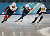 Chung Jae-won of Korea, center, competes in the semifinals of the men's mass start speed skating event at the 2026 Milan-Cortina Winter Olympics at the Milano Speed Skating Stadium in Milan on Feb. 21. [YONHAP]