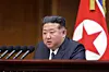 The 13th session of the 14th Supreme People’s Assembly was held at the Mansudae Assembly Hall in Pyongyang on Sept. 20 and 21, the Rodong Sinmun reported on Sept. 22. Leader Kim Jong-un makes a speech at the session in this photo provided by North Korea's state-run newspaper. [RODONG SINMUN]