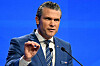 U.S. Secretary of Defense Pete Hegseth delivers an address at the Shangri-La Dialogue in Singapore on May 31. [AFP/YONHAP]