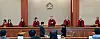 Justices of the Constitutional Court stand at the court in Jongno District, central Seoul, during an oral argument on a competence dispute case regarding the appointment of a ninth justice on Feb. 10. [JOINT PRESS CORPS]