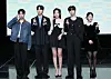From left, singer and actor Son Dong-pyo, actors Choi Keon, Kim Na-eon, Kim Woo-seok and Han Chae-lin pose for a photo during a press conference for web series ″Social Savvy Class 101″ held at Ilchi Art Hall in southern Seoul on Tuesday. [NEWS1]