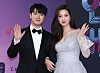 Choi Min-hwan, left, and Yulhee attend the 2018 KBS Entertainment Awards in Yeongdeungpo District, western Seoul, on Dec. 22, 2018. [YONHAP]
