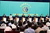 From left: Sanseito Secretary General Sohei Kamiya, Japanese Communist Party Chairperson Tomoko Tamura, Komeito Chief Representative Tetsuo Saito, Constitutional Democratic Party of Japan leader Yoshihiko Noda, Japan's Prime Minister and Liberal Democratic Party leader Shigeru Ishiba, Japan Innovation Party Co-Representative Hirofumi Yoshimura and Democratic Party for the People Representative Yuichiro Tamaki and Reiwa Shinsengumi President Taro Yamamoto pose before a debate at the Japan National Press Club in Tokyo, Japan, on July 2. [AP/YONHAP]