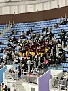 The German cheering contingent at the Gangwon 2024 Youth Olympics dances to the official ″We go high″ theme tune at the Gangneung Ice Arena in Gangneung, Gangwon on Monday. [JIM BULLEY]