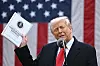 U.S. President Donald Trump holds the 2025 National Trade Estimate Report on Foreign Trade Barriers by the Office of the United States Trade Representative during an event to announce new tariffs at the White House in Washington on April 2. [AP/YONHAP]
