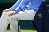 Wimbledon's emblem is seen on a line judge's jacket during men's singles first round match between Serbia's Janko Tipsarevic and Japan's Yoshihito Nishioka on the first day of the 2019 Wimbledon Championships at The All England Lawn Tennis Club in Wimbledon, southwest London, on July 1, 2019. Wimbledon announced on Oct. 9, 2024, that it is scrapping its iconic line judges in favour of electronic line-calling, changing the face of the grass-court tournament. [AFP/YONHAP]