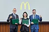 From left, Kamal Al Mana, McDonald's Korea's managing director Kim Ki-won and McDonald's head of Asia Business unit Stijn Heytens pose for a photo. [HAHM PARTNERS]
