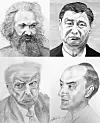 Clockwise from top left: portraits of Karl Marx, Xi Jinping, Joseph Schumpeter and Donald Trump. [EUN JONG-HAK]