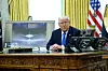 U.S. President Donald Trump delivers remarks from the Oval Office of the White House in Washington on March 21. Secretary Hegseth joined President Trump to announce a defense program, which includes Boeing developing the F-47 next-generation fighter jet for the U.S. Air Force. [EPA/YONHAP]