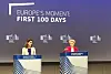 European Commission President Ursula von der Leyen, right, speaks during a press conference in Belgium on March 9. [YONHAP]