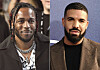 In this combination of images, rapper Kendrick Lamar appears at the MTV Video Music Awards on Aug. 27, 2017, in Inglewood, California, left, and Canadian rapper Drake appears at the premiere of the series ″Euphoria,″ in Los Angeles on June 4, 2019. [AP/YONHAP]