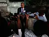 Senator Nenel Cassy speaks to journalists after a news conference in Port-au-Prince, Haiti, Oct. 3, 2019. [AP/YONHAP]