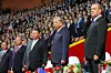From right: Russian Security Council Deputy Chairman Dmitry Medvedev, General Secretary of the Communist Party of Vietnam To Lam, North Korean leader Kim Jong-un and Chinese Premier Li Qiang attend an evening event at the Rungrado Stadium in Pyongyang to mark the 80th anniversary of the founding of the North's ruling Workers' Party. [TASS/YONHAP]