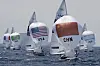 Xu Zangjun and Lv Yixiao of China compete in a mixed dinghy race in Marseille, France on Friday. [AP/YONHAP]