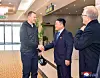 Russian Sports Minister Mikhail Degtyarev, left, arrives in Pyongyang on Saturday. [KOREAN CENTRAL NEWS AGENCY]