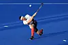 Britain's Liam Sanford hits a scoop shot during a men's field hockey match between Great Britain and Germany at the Yves-du-Manoir Stadium in Colombes, France on Friday. [AP/YONHAP]