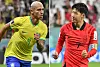 In this combination of file created on Dec. 3, 2022, Brazil's Richarlison, left, celebrates scoring and Korea's Son Heung-min reacts during a Group H match against Portugal. [AFP/YONHAP]