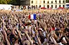 France fans react as they watch the swimming on a big screen in Paris on Friday. [REUTERS/YONHAP]