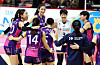 The Heungkuk Life Insurance Pink Spiders celebrate after a 3-0 win over the Gwangju Pepper Savings Bank AI Peppers at Pepper Stadium in Gwangju on Sunday. [YONHAP]