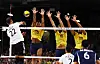 Mohamed Moustafa Issa of Egypt, Darlan Ferreira Souza of Brazil, Lucas Saatkamp of Brazil and Ricardo Lucarelli Souza of Brazil in action during the men's preliminary round game at South Paris Arena 1 in Paris on Friday. [REUTERS/YONHAP]