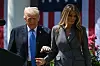 U.S. President Donald Trump and First Lady Melania Trump walk to a table to sign the ″Take It Down Act″ during a bill signing ceremony in the Rose Garden of the White House in Washington on May 19. [AFP/YONHAP]