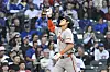 San Francisco Giants outfielder Lee Jung-hoo points after hitting a two-run home run during an MLB game against the Chicago Cubs at Wrigley Field in Chicago on May 6. [REUTERS/YONHAP]