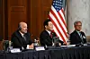 U.S. Secretary of Commerce Howard Lutnick and Korean President Lee Jae Myung participate in a Korea-U.S. business roundtable at The Willard Hotel in Washington on Aug. 25. [REUTERS/YONHAP]