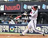 The LG Twins' Moon Sung-ju in action during Game 2 of the first round in the KBO postseason at Jamsil Baseball Stadium in southern Seoul on Sunday. [YONHAP]