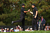 Hideki Matsuyama and the International Team celebrates with Im Sung-jae after a putt on the eighth green on day two of the 2024 Presidents Cup at The Royal Montreal Golf Club in Montreal on Friday.  [GETTY IMAGES]