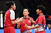 Members of the Korean team celebrate scoring during the women's team regu gold medal sepaktakraw match between Korea and Thailand at the 19th Asian Games in Hangzhou, China on Friday. [XINHUA/YONHAP]