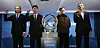 Head coaches pose beside the championship trophy at the K League 1 season-opening media day at the KFA House in Seoul on Feb. 5. From left: Kim Pan-gon of Ulsan HD FC, Park Tae-ha of Pohang Steelers, Lee Jung-hyo of Gwangju FC and Gus Poyet of Jeonbuk Hyundai Motors. [YONHAP]