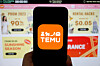 The logo of Chinese e-commerce platform Temu is seen on a mobile phone displayed in front of its website. [REUTERS/YONHAP]