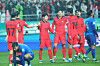 The Korean national team celebrates after Lee Kang-in scored a goal during a World Cup qualifier against Singapore at Seoul World Cup Stadium in western Seoul on Thursday. [YONHAP]