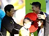 Wolverhampton Wanderers' Hwang Hee-chan, left, and Tottenham Hotspur's Son Heung-min greet each other before a Premier League match at Molineux in Wolverhampton, England on Saturday. [REUTERS/YONHAP]