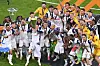 Tottenham's Son Heung-min raises the Europa League trophy after the final between Tottenham Hotspur and Manchester United at San Mames Stadium in Bilbao, Spain, on May 21, 2025. [AP/YONHAP]