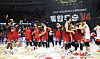 The Anyang Jung Kwan Jang Red Boosters, then Anyang KGC, celebrate after winning the 2022-23 KBL championship at Anyang Gymnasium in Anyang, Gyeonggi on May 7. [YONHAP]