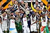 Tottenham Hotspur's Son Heung-min lifts the trophy with teammates after winning the Europa League on May 21 at San Mames Stadium in Bilbao, Spain, on May 21, 2025. [REUTERS/YONHAP]