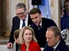 From left, Britain's Prime Minister Keir Starmer, Denmark's Prime Minister Mette Frederiksen, European Union foreign policy chief Kaja Kallas, French President Emmanuel Macron and Poland's Prime Minister Donald Tusk attend a dinner at an EU summit in Brussels, Feb. 3. [AP/YONHAP]
