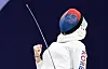 Song Se-ra cheers after winning her round of 32 match in the individual women's epee event at the Grand Palais in Paris on Saturday. [NEWS1]