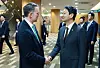 Minister of Trade, Industry and Energy Ahn Duk-geun, right, shakes hands with U.S. Trade Rep. Jamieson Greer at the International Convention Center in Jeju on May 16. [MINISTRY OF TRADE, INDUSTRY AND ENERGY]