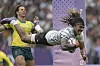Fiji's Selesitino Ravutaumada goes over the line to score a try during the men's semifinal Rugby Sevens match between Fiji and Australia at the Paris Olympics, in the Stade de France, in Saint-Denis, France on Saturday. [AP/YONHAP]