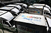 Coupang delivery trucks are parked in Seoul on Thursday. Korea's Fair Trade Commission announced its decision to fine Coupang 140 billion won over the e-commerce giant's alleged search manipulation practices on the same day. [YONHAP]