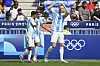 Argentina's Luciano Gondou, right, celebrates after scoring during the men's Group B football match at the Paris Olympics against Iraq at the Lyon stadium in Decines, France on Saturday. [AP/YONHAP]