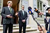 U.S. Secretary of the Treasury Scott Bessent and U.S. Trade Representative Jamieson Greer address the media after trade talks with China in Geneva, Switzerland, May 11, 2025. [REUTERS/YONHAP]