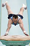 Igor Radivilov of Ukraine competes on the vault during a men's artistic gymnastics qualification round at the 2024 Paris Olympics in Paris, France on Saturday. [AP/YONHAP]