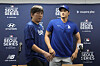 Los Angeles Dodgers' Shohei Ohtani, right, and Ippei Mizuhara, leave after a press conference at Gocheok Sky Dome in western Seoul on March 16.  [AP/YONHAP]