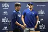 Los Angeles Dodgers' Shohei Ohtani, right, and Ippei Mizuhara, leave after a press conference at Gocheok Sky Dome in western Seoul on March 16. [AP/YONHAP]