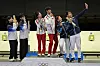 Islam Satpayev, right, of Kazakhstan uses his phone to take a selfie with fellow medal winners teammate Alexandra Le, second right, and right to left, gold medalists China's Sheng Lihao and Huang Yuting, and silver medalists Korea's Park Ha-jun and Keum Ji-hyeon after the medal ceremony for the 10m air rifle mixed team competition at the 2024 Paris Olympics in Chateauroux, France on Saturday. [AP/YONHAP]