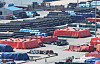 Steel products pile up at Pyeongtaek Port in Pyeongtaek, Gyeonggi on Aug. 18 as the United States expands its 50 percent tariff to cover 407 derivative steel and aluminum products. [YONHAP]