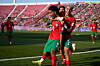 Morocco's Gessime Yassine, center, celebrates scoring his side's second goal against Spain with teammates during a FIFA U-20 World Cup Group C soccer match at National Stadium in Santiago, Chile, Sept. 28 [AP/YONHAP]